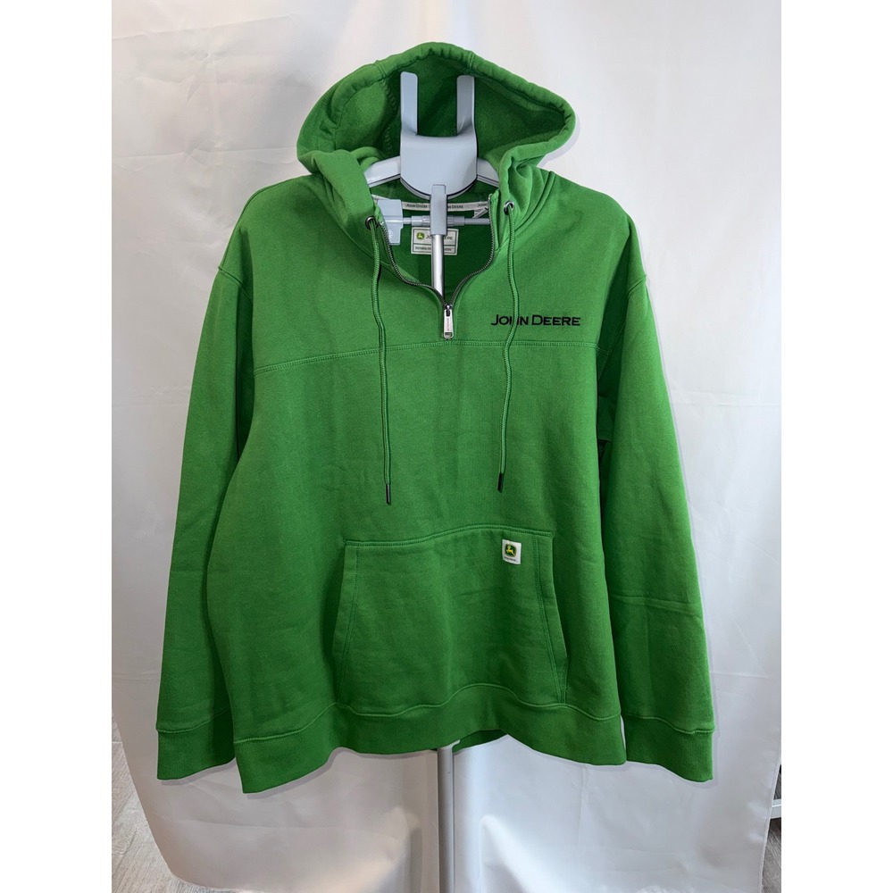 John Deere Mens XXL Green Quarter Zip Hoodie Fleece Pullover Sweatshirt
